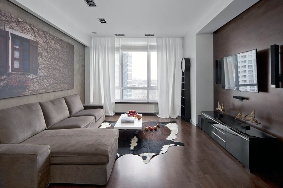 Interiér obývacího pokoje Chruščov ve stylu minimalismu