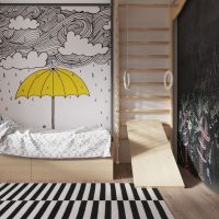 Gele paraplu op de muurschildering in de kinderkamer