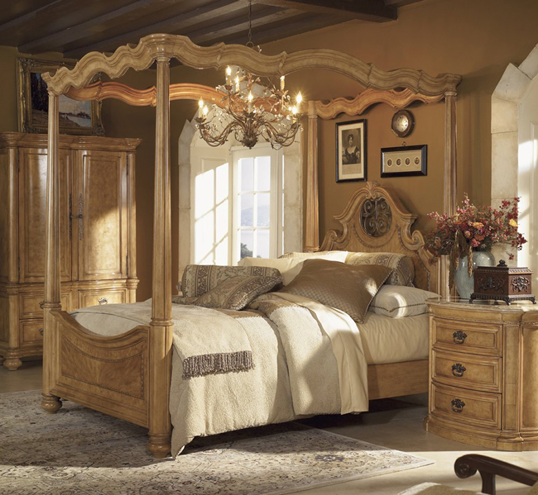 Katil kayu di dalam bilik tidur di sebuah rumah negara