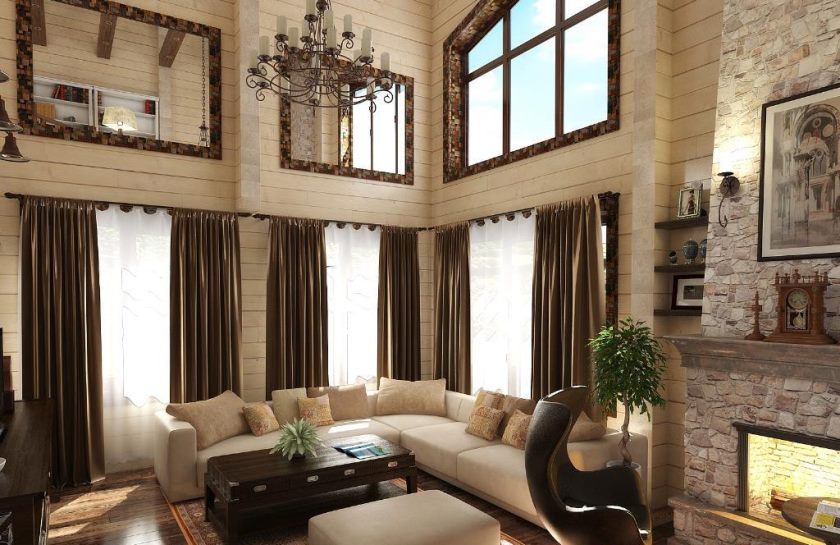 Itališko stiliaus medinio namo svetainės interjeras