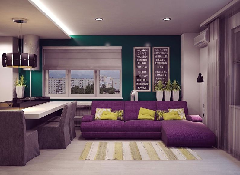Violeta krāsa dzīvojamās istabas interjera dizainā