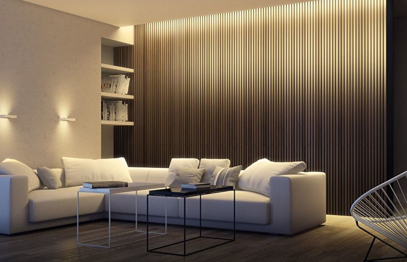 Stěny se svislými čarami v obývacím pokoji s nízkým stropem