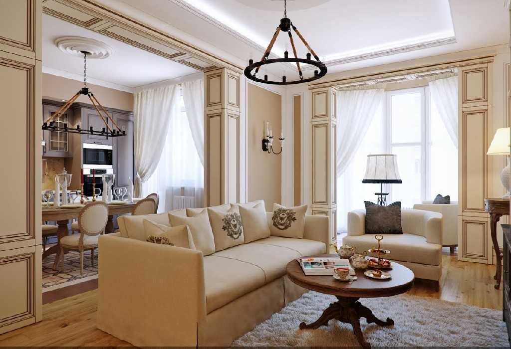 Itāļu dzīvojamās istabas interjers paneļu mājas dzīvoklī