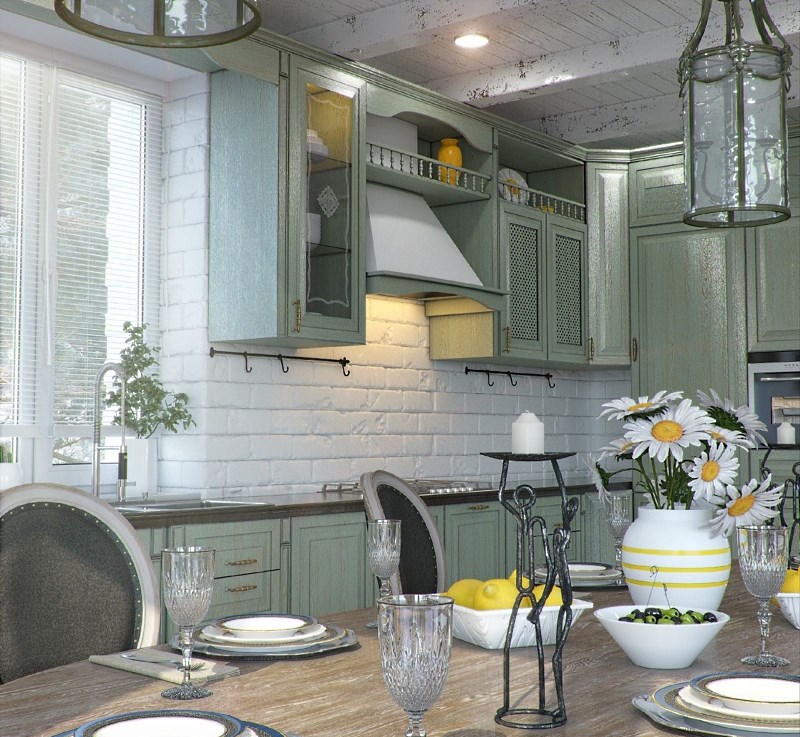 Kaimiškas virtuvės interjeras su baltu akmeniu ant sienos.