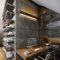 Open shelves on a gray concrete wall