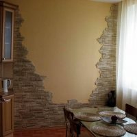 Piatră decorativă pe peretele bucătăriei dintr-o casă cu panouri