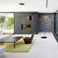 Minimalistický obývací pokoj zelený koberec