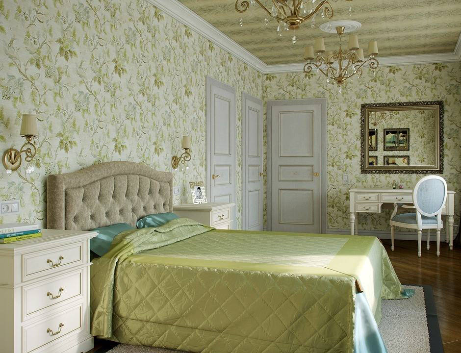 غرفة نوم على الطراز الكلاسيكي مع ورق جدران من الأزهار