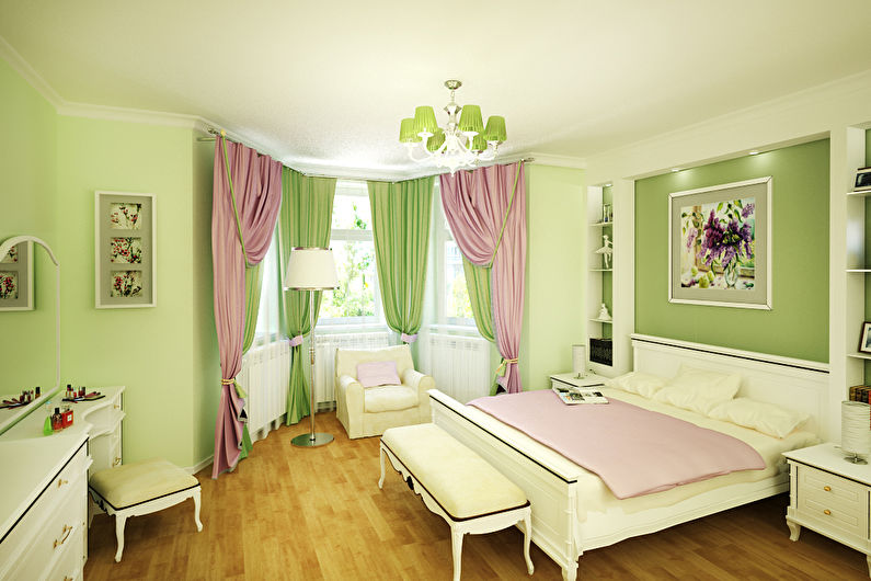 Зелени завеси в класическата спалня