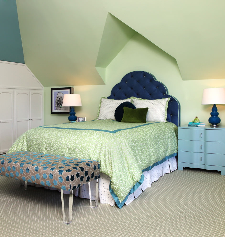 Attic bedroom with green ceiling