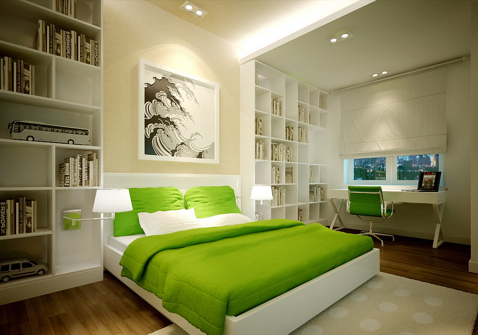Seprai hijau di atas katil putih