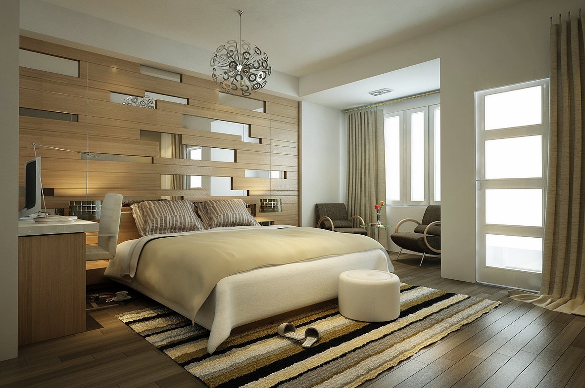 Decorarea pereților unui dormitor modern, cu panouri și oglinzi