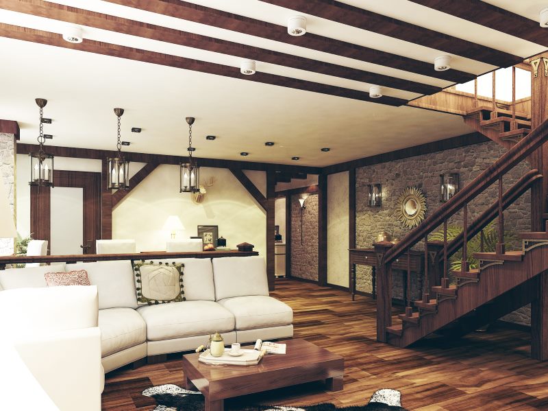 Prostorný obývací pokoj ve stylu chaty se schody v mezonetovém bytě