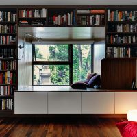 Rafturi de cărți în jurul unei ferestre într-o casă privată