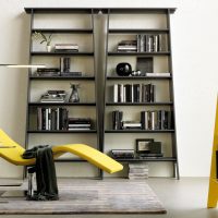 Gele fauteuil en zwarte boekenkast
