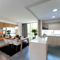Ontwerp van een keuken-woonkamer met een schuifwand