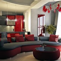 Culoare roșie în designul bucătăriei-living