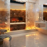 Oriģināls vannas istabas dizains ar kamīnu
