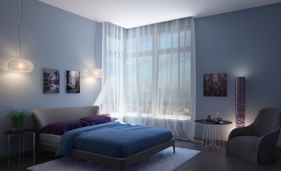 Moderna guļamistaba zilos toņos