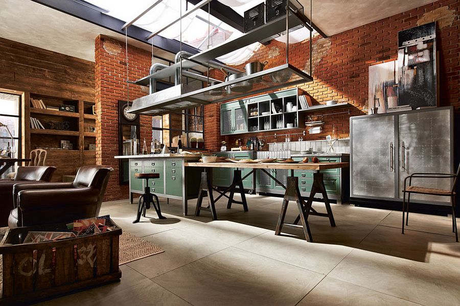 Lofto stiliaus virtuvės-svetainės interjeras