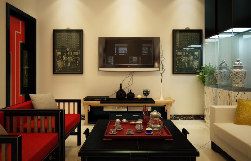صينية مع ملحقات الشاي على طاولة في غرفة المعيشة