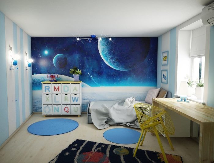 Kosmosa stila bērnu istabas interjers