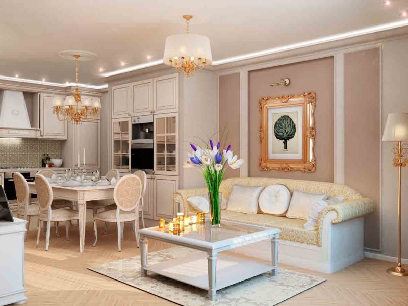 Klasiskā stila virtuves-dzīvojamās istabas dekorēšana