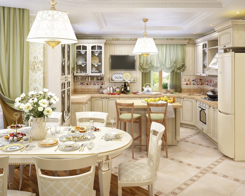 Nelielas virtuves-viesistabas dizains provence stilā