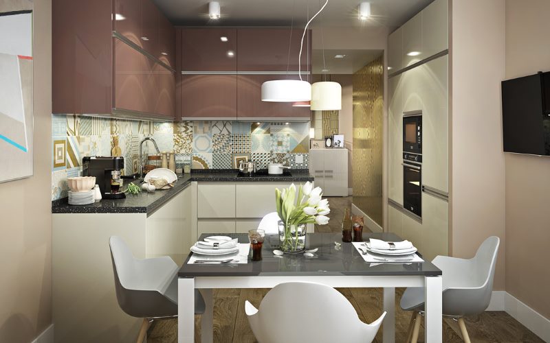 تصميم مطبخ مع منطقة لتناول الطعام في شقة من غرفتين