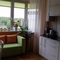 Žalia sofa priešais virtuvės langą