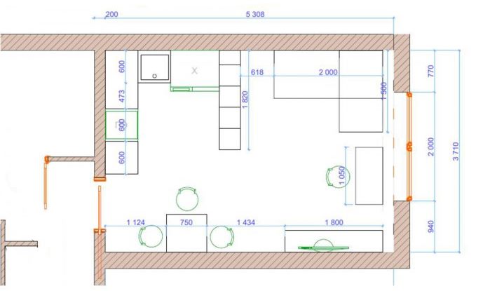 Virtuves-dzīvojamās istabas plāns 20 kvadrātmetru platībā
