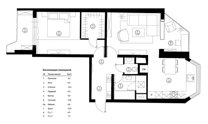 Plan van een tweekamerappartement in een 44t huis met meubels
