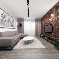 Pilka sofa palėpės stiliaus gyvenamajame kambaryje