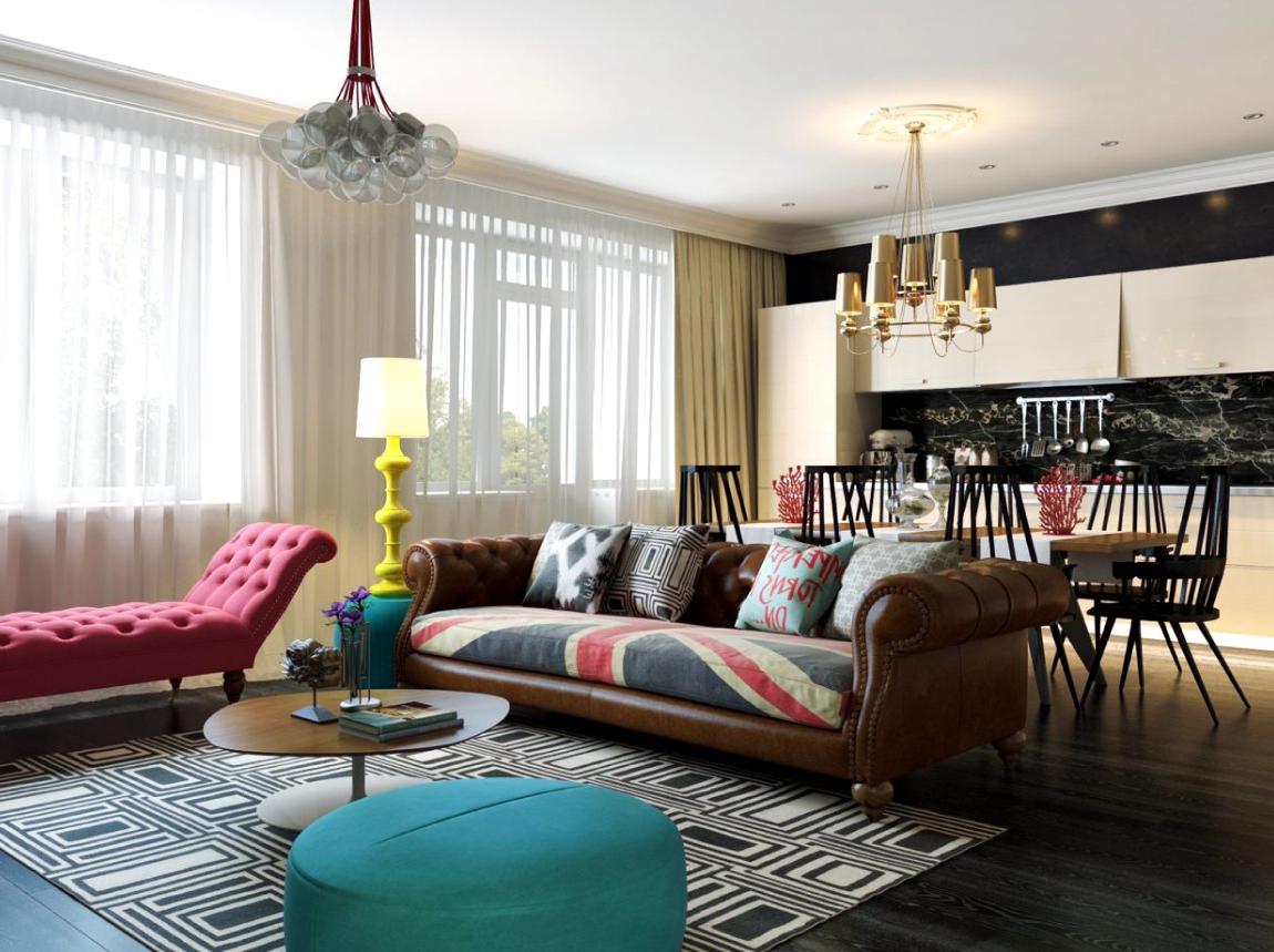 Dva lustry různých stylů na stropě obývacího pokoje v kýčovém stylu