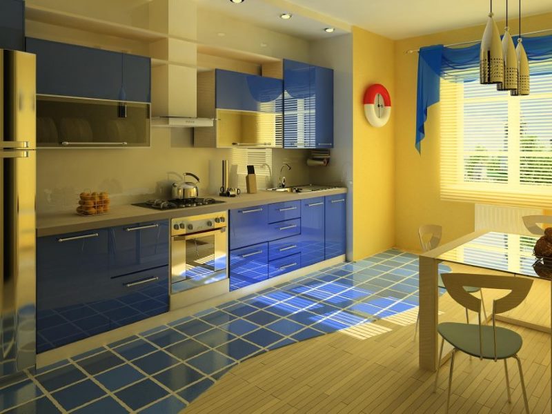 Dapur ditetapkan dengan fasad biru