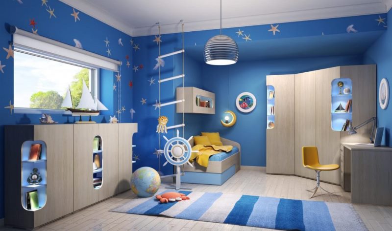 Proiectarea unei camere pentru copii cu pereți albaștri