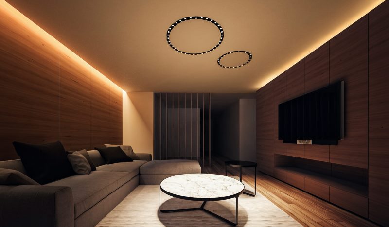 LED-plafondlamp in een donkere kamer