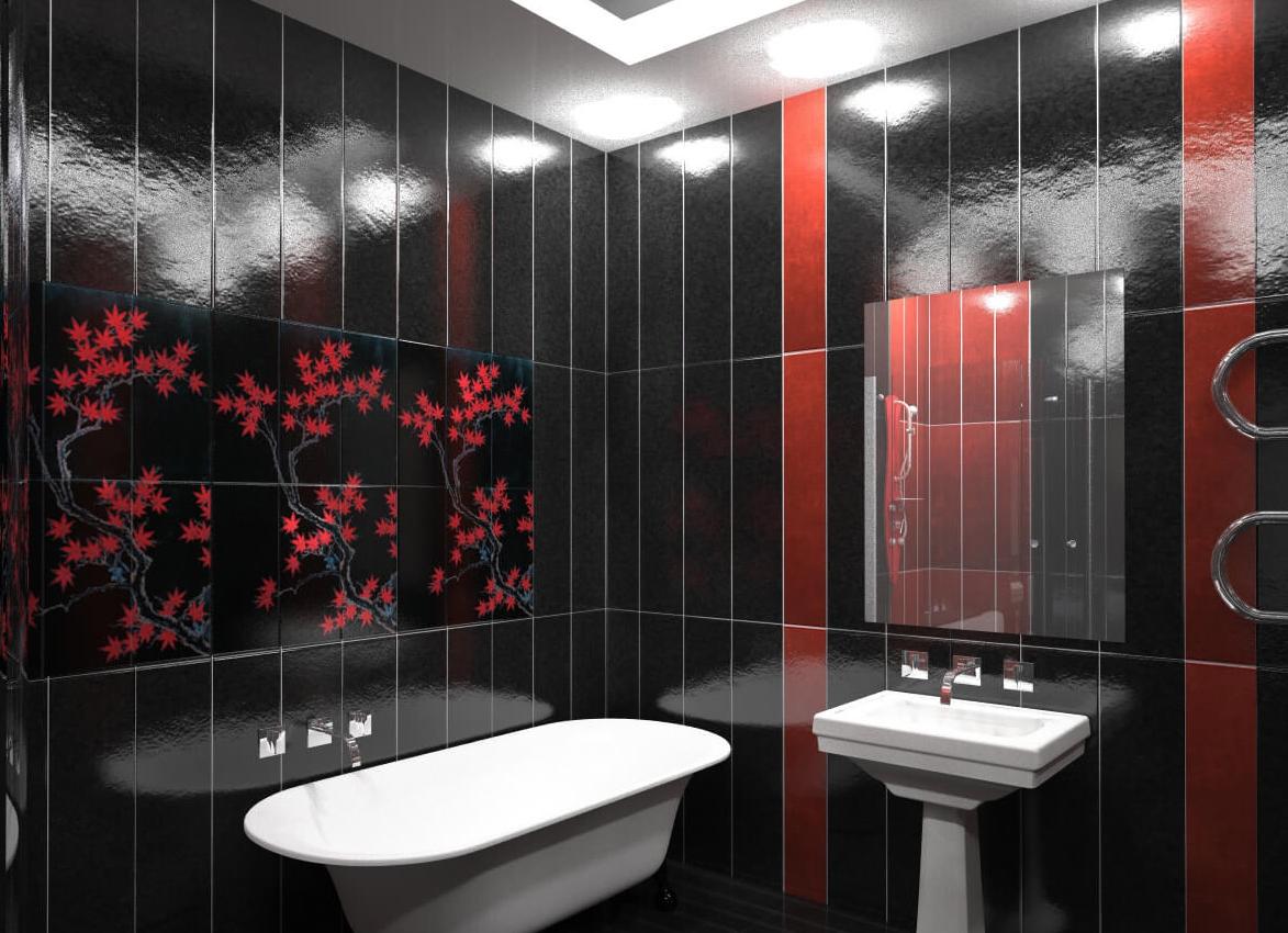 Tigla neagră pe un perete de baie în stil chinezesc