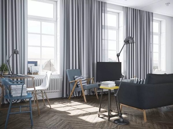 Skandinavų. Populiarus dizainas 2019 m., Tinka minimalizmo ar palėpės stiliaus užuolaidos.